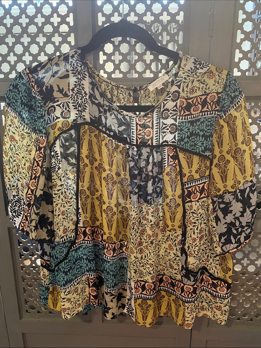 Boho Patchwork Floral Tunic Top in Yellow Multi